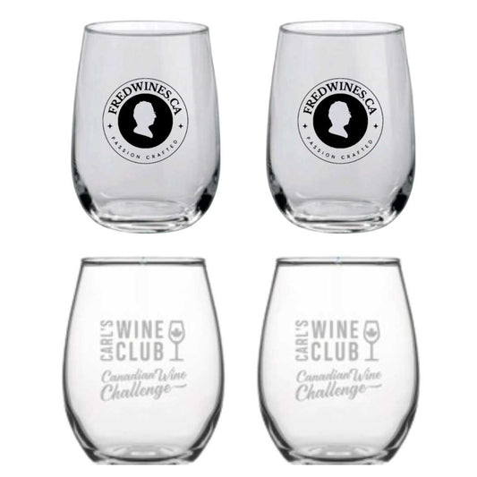 Four Tumbler Glasses: 2 Carl's Wine Club, 2 Fred Wines - Carl's Wine Club